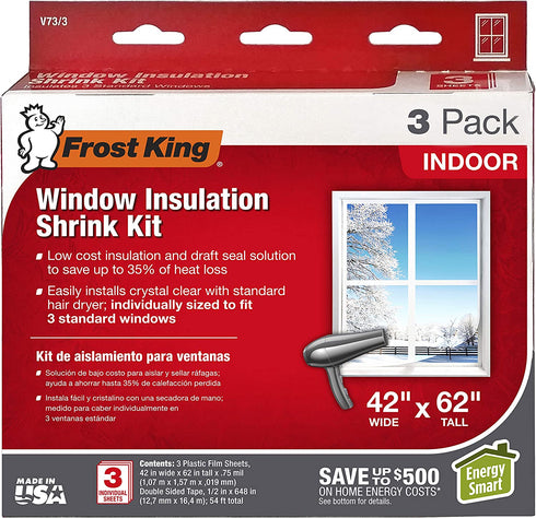 Frost King V73/3H Shrink Window Kit, Indoor, 42 x 62 in, 3-Pack, Clear, 3 Count