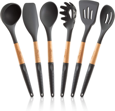 Silicone Cooking Utensils Set (6 pcs): Natural Wood Kitchen Utensils Eco Friendly & BPA Free, Non Scratch & Non Stick Easy Grip Cooking Tools