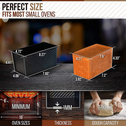 HiliStar Pullman Loaf Pan Set - with Lid Cover, Dough Scraper, Cutter, Rubber Sponge - Aluminum Pain De Mie Non-stick Bread pan with lid, Black Baking box Toast Bread bakeware - 8.3"x4.7"x4.4"
