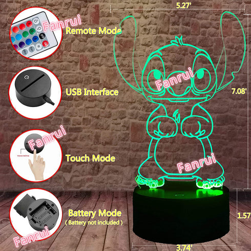 Fanrui Children Anime Animals Stitch - Lilo and Stitch - 3D Cartoon Kawaii Figure Action Lovely 7 Color Change IR Remote Night Lights Home Boys Room Decor Child Kids Friend Xmas Birthday Holiday Gifts