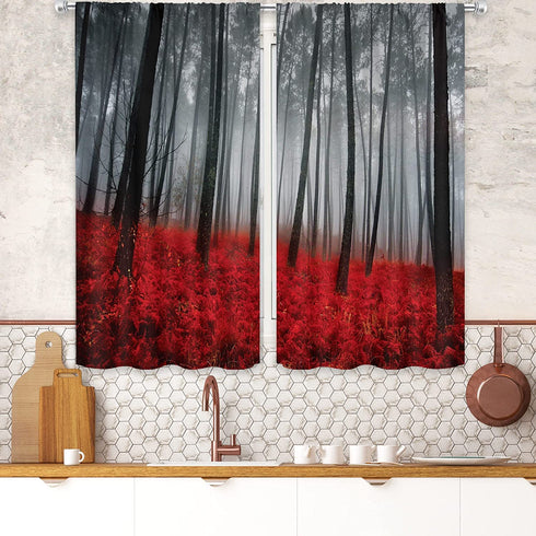 Cinbloo Red Black Forest Kitchen Curtains Rod Pocket 27.5W x 39L Inch Burgundy Tree Kitchen Decor Mystic Nature Foggy Fall Scene Gothic Woodland Floral Leaves Short Design Small Window Drapes 2 Panel