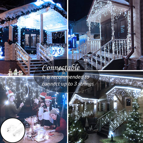 LJX Christmas Lights Outdoor Decorations Icicle Lights 32.8Ft 400LED 8 Modes Connectable Christmas String Lights for Holiday Christmas Wedding Party House Garden Bedroom Indoor Decoration Cold White