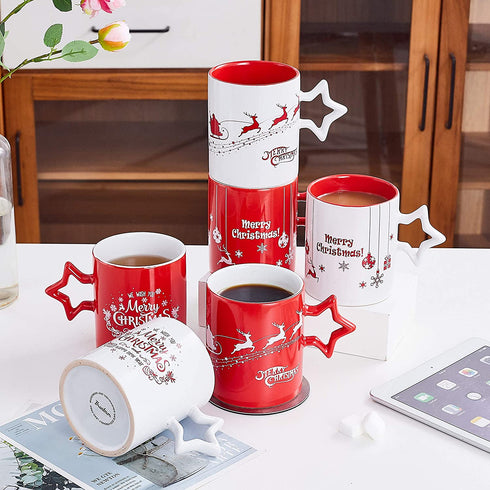 Coffee Mug Set Set of 6 Large-sized 14 Ounce Christmas Theme Ceramic Coffee Mugs Restaurant Coffee Mugs, Star Handle