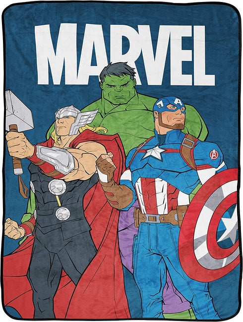 Marvel Avengers Brave & Bold Throw Blanket - Measures 46 x 60 inches, Kids Bedding Features Captain America, Thor, & Hulk - Fade Resistant Super Soft Fleece (Official Marvel Product)