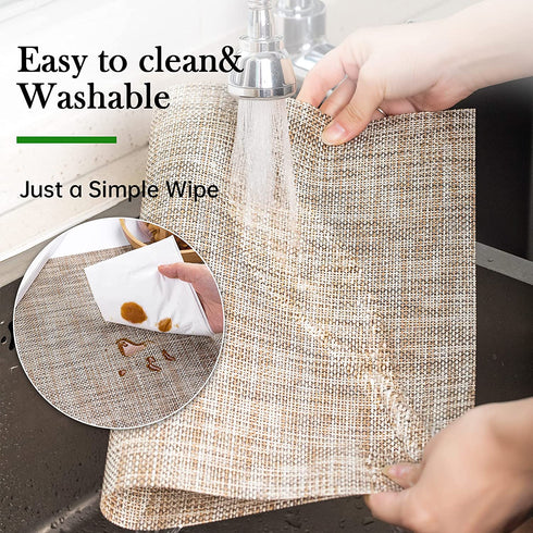 HGMO Placemats, Set of 8 Heat Resistant Stain Resistant Anti-Water Non-Slip Placemats for Dining Table, Washable Durable PVC Place Mats Weave Vinyl Table Mats(Caramel)