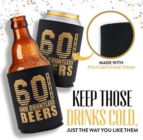 60th Birthday Decor and Party Favors, Beverage Sleeves Gift for Dad's 60th Birthday Party, Decorations and Party Supply, 60s Birthday Decorations for Men, 12-Pack, Black & Gold