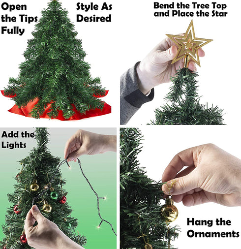Prextex 22 Inch Tabletop Mini Christmas Tree Set with Warm-White LED Lights, Star Treetopper and Hanging Ornaments for DIY Christmas Decorations, Great Tabletop Christmas Tree