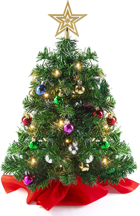 Prextex 22 Inch Tabletop Mini Christmas Tree Set with Warm-White LED Lights, Star Treetopper and Hanging Ornaments for DIY Christmas Decorations, Great Tabletop Christmas Tree