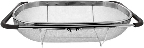 Makerstep Over the Sink Colander Strainer Basket Stainless Steel, For Kitchen Sink with Rubber Grip, Fine Mesh, Large Kitchen Gadgets Tools, Expandable Metal Pasta Strainer Home Kitchen Essentials