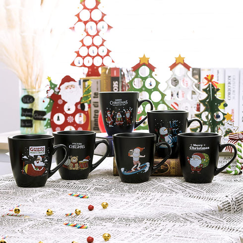 Coffee Mugs Set of 6 Large-sized 16 Ounce Christmas Holiday Ceramic Mug - Holiday Coffee Mug Funny Novelty Mugs Decorative Christmas Gift, Christmas Matte Black