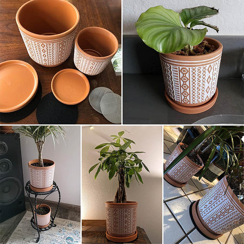 Set of 2 Terracotta Pots, 4 Inch & 6 Inch, Planter Pots for Plants with Drainage Holes and Saucers, Terracotta/White, Small, 31-958-A-1