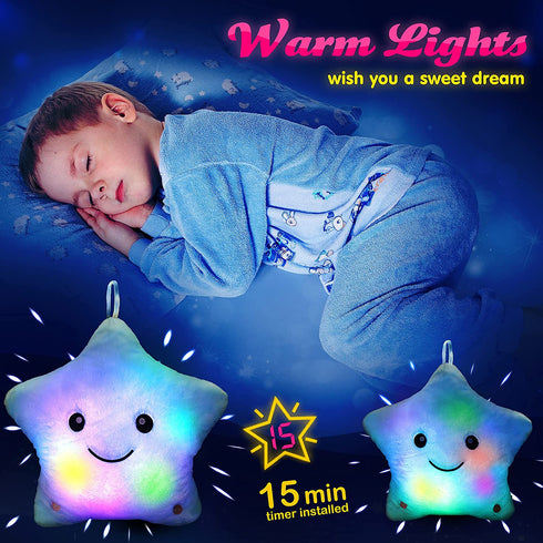 WEWILL Creative Twinkle Star Light up Night LED Plush Pillows Stuffed Toys Birthday Valentines for Toddlers Girls(Blue)