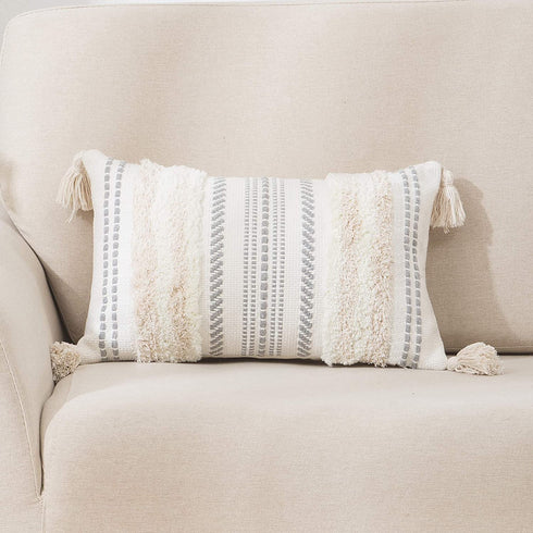 decorUhome Boho Lumbar Decorative Throw Pillow Covers for Bed Bedroom Neutral Accent Cushion Cover Grey Tufted Woven Pillow Case, 12x20, Beige and White
