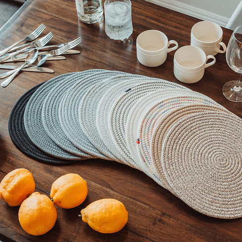 OrganiHaus Cotton Rope Woven Placemats | Round Placemats Set of 6 | Heat Resistant and Absorbent Fabric Rustic Placemats for Dining Table Mats or Countertop Protection - Full Black