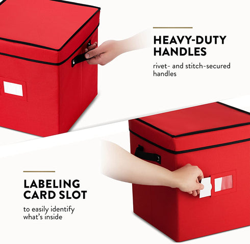 Premium Christmas Ornament storage Box with Lid - 3-inch Compartment, Storage Container Keeps 64 Holiday Ornaments and Xmas Accessories - Tear Proof 600D Oxford Fabric - 5 Year Warranty (Red)
