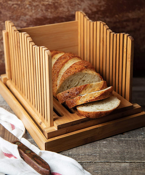 Bamboo Bread Slicer for Homemade Bread Loaf Wooden Bread Cutting Board with Crumble Holder Foldable, Adjustable and Compact Loaf Cutter Thin or Thick Slices