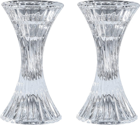 Round Base Crystal Candlesticks - 2 Pack Set - Pair of 5 Inch Pinched Fluted Cylinder Design Candle Holders - by Ner Mitzvah