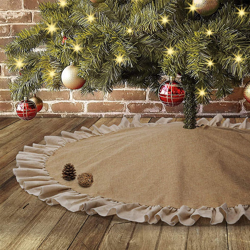 yuboo Burlap Christmas Fall Tree Skirt with Ruffle Border,48" Linen Rustic Tree Ornaments for Farmhouse Autumn Xmas Holiday Party Decorations