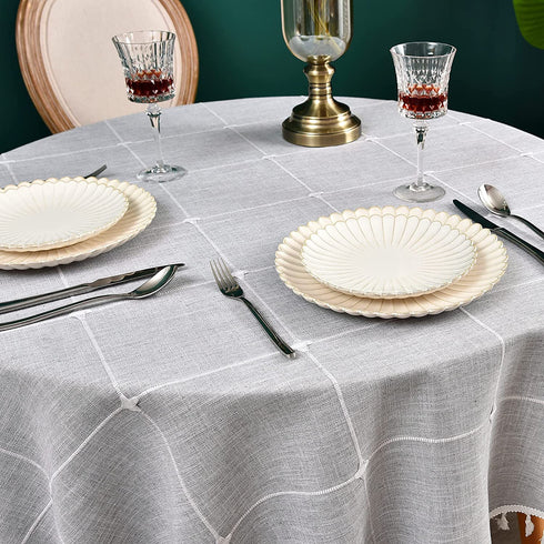 Monibana Plaid Farmhouse Gray Round Tablecloth 48 Inch Cotton Linen Heavy Weight Checkered Table Covers Cloths for Dining Room Kitchen Tabletop Decoration