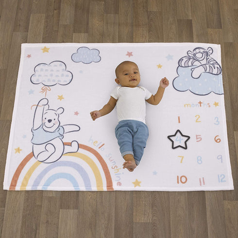 Disney Winnie The Pooh Multi Rainbow & White Super Soft Milestone Baby Blanket, Light Blue, White, Orange, Yellow
