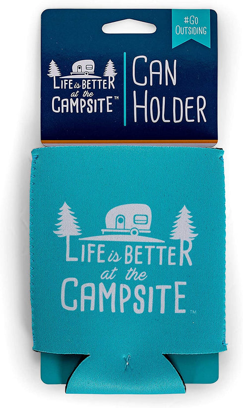 Camco Life is Better at The Campsite Can Sleeve Neoprene Soda or Beer Can Coolie, Fits 12 oz. Cans, Teal Blue and White Retro Camper Theme (53249)