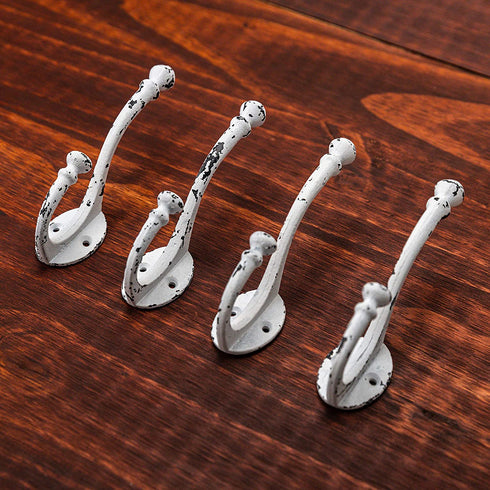 Vintage Cast Iron Wall Hooks (Antique White Finish, Set of 4) - Rustic, Farmhouse, Shabby Chic, French Country Coat Hooks | Great for Coats, Bags, Towels, Hats | Heritage Select