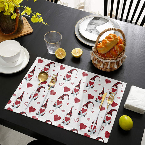 Valentines Placemats Set of 4 Gnomes and Heart Table Mats, Love Red Buffalo Check Plaid Table Decoration for Kitchen Dining Table Stain Resistant Heat Insulation Non-Slip Washable