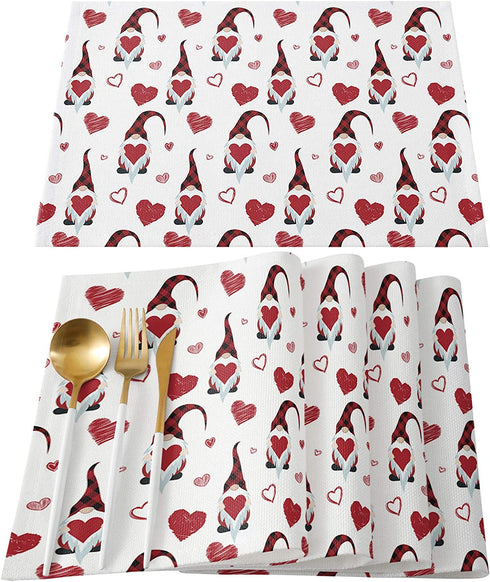 Valentines Placemats Set of 4 Gnomes and Heart Table Mats, Love Red Buffalo Check Plaid Table Decoration for Kitchen Dining Table Stain Resistant Heat Insulation Non-Slip Washable