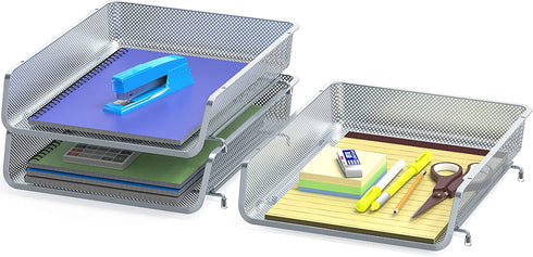3 Pack - Stackable Desk File Document Letter Tray Organizer, Silver