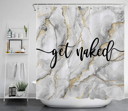 Get Naked Shower Curtain, Black Script Funny Quote with Grey Gold Marble Decorative Bathroom Shower Curtain, Waterproof Polyester Bath Curtain with Hooks, 69x70 inch