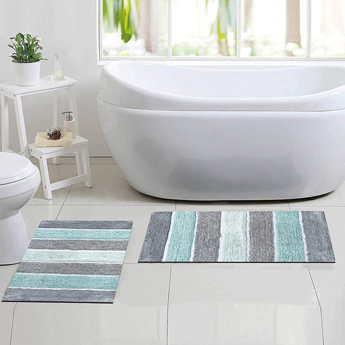 Chardin Home Cordural Stripes Bath Mat, Set of 2 Bath Rugs (17 Inches x24 Inches & 21 Inches x34 Inches) | Non Slip Bathroom Rug, Machine Washable, Plush, Highly Absorbent | Mint Green & Grey