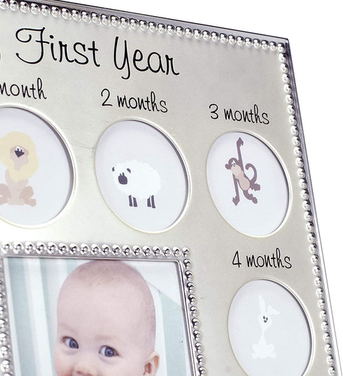 Malden International Designs My First Years Beaded Two Tone Silver Metal Picture Frame, 3 Option, 1-3.5x4 & 12-1x1, Silver