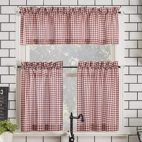 No. 918 Parkham Farmhouse Plaid Semi-Sheer Rod Pocket Kitchen Curtain Valance and Tiers Set, 54 in x 24 in (3 Piece, Red/White