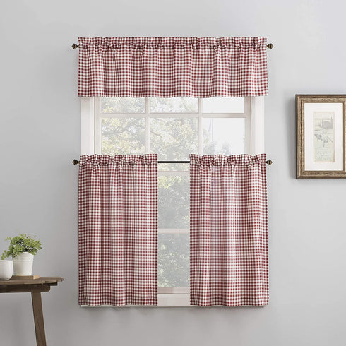 No. 918 Parkham Farmhouse Plaid Semi-Sheer Rod Pocket Kitchen Curtain Valance and Tiers Set, 54 in x 24 in (3 Piece, Red/White