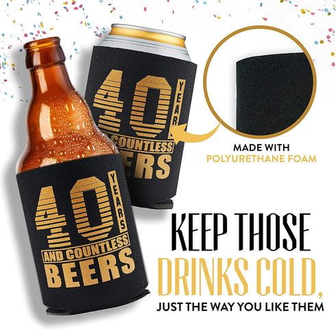 Happy 40th Birthday Decorations for Men, Insulated Can Beverage Sleeve, Birthday Party Favors for Him, 40 Year Old Birthday Gift Ideas, 12-Pack, Black & Gold