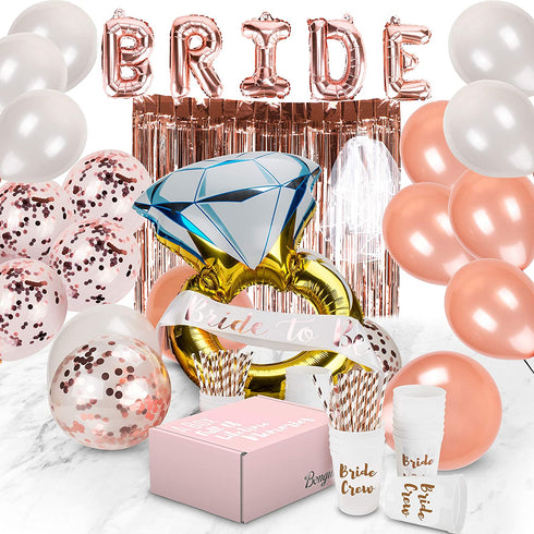 Bachelorette Party Decorations | Bridal Shower Supplies Kit - Bride To Be Sash, Cups, Straws, Veil, Banner, Balloons, Rose Gold Curtains & Decor Accessories