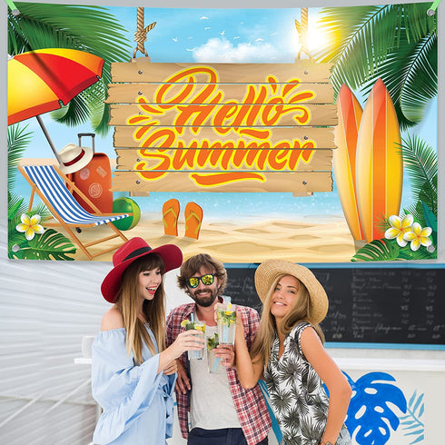 XtraLarge, Hello Summer Banner - 72x44 | Summer Birthday Banner for Hawaiian Party Decorations | Summer Beach Party Decorations | Aloha Banner for Luau Party Decorations | Flamingo Party Decorations