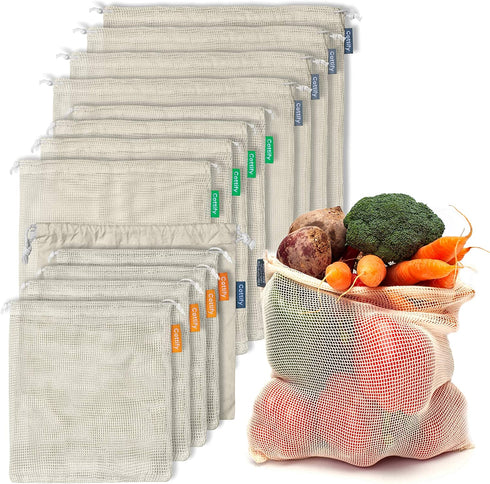 12+1 Reusable Produce Bags Grocery Washable | Organic Cotton Mesh Produce Bags | Double-Stitched & Tare Weigh | Onions Bag | Cotton Produce Bags Reusable Washable | Bulk of 13 (4S, 4M, 4L +1 Muslin)