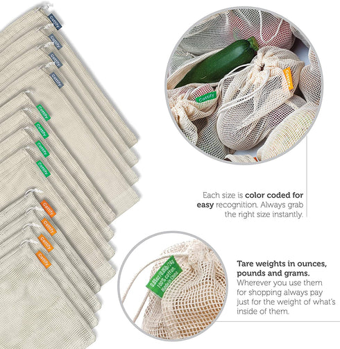 12+1 Reusable Produce Bags Grocery Washable | Organic Cotton Mesh Produce Bags | Double-Stitched & Tare Weigh | Onions Bag | Cotton Produce Bags Reusable Washable | Bulk of 13 (4S, 4M, 4L +1 Muslin)