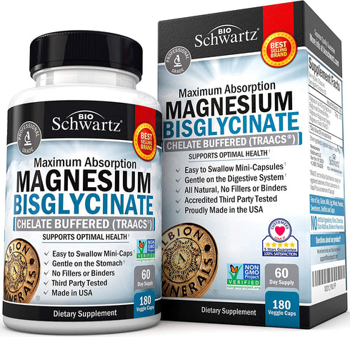 Magnesium Bisglycinate 100% Chelate No-Laxative Effect - Maximum Absorption & Bioavailability, Fully Reacted & Buffered - Healthy Energy Muscle Bone & Joint Support - Non-GMO Project Verified -180ct