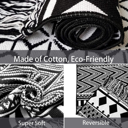 iOhouze Boho Bathroom Rug with Tassel, 2'x3', 100% Woven Black Geometric Rug Fully Reversible, Cotton Machine Washable Boho Outdoor Rug for Kitchen Bedroom Living Room Laundry Entry Doorway