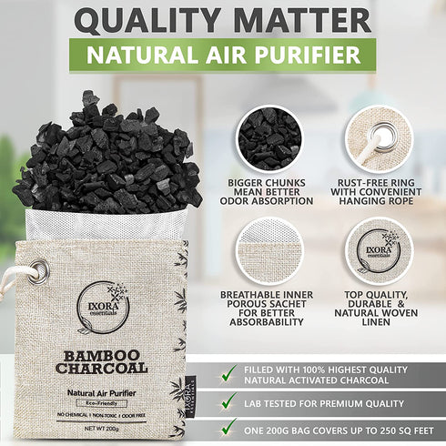 Ixora Essentials Bamboo Charcoal Air Purifying Bag, Charcoal Bags Odor Absorber for Home with Activated Bamboo Charcoal. 5 Pack (3 x 200g and 2 x 75g) of Charcoal Odor Absorber, Car Odor Eliminator, Pet Friendly
