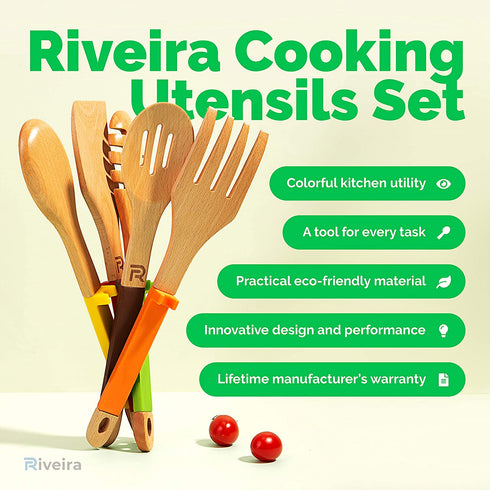 Riveira Wooden Spoons for Cooking Kitchen Cooking Utensils Set 5-Piece Spatula Wood Slotted Spoon Serving Utensil Fork Nonstick Utensils with Silicone Handles for Everyday Use