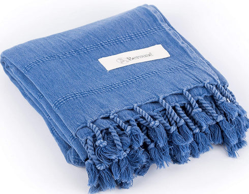 Bersuse 100% Cotton Troy Stonewashed Turkish Towel - 37x70 Inches, Blue