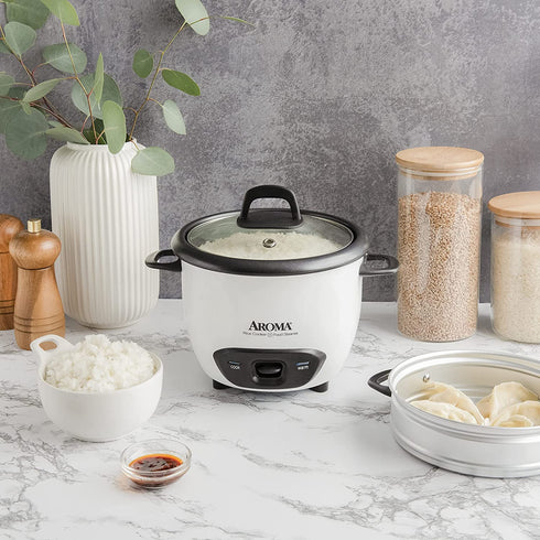 Aroma Housewares 6-Cup (Cooked) (3-Cup Uncooked) Pot Style Rice Cooker and Food Steamer (ARC-743-1NG), White