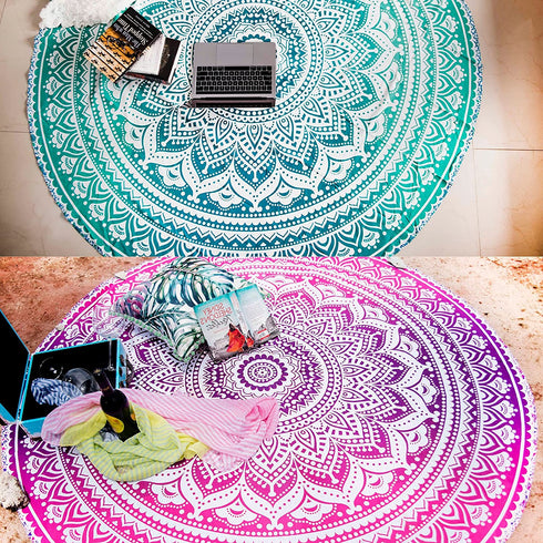 Folkulture Round Mandala Tapestry or Beach Blanket, Set of 2 Hippie Boho Mandala Tapestry, Indian Circle Tablecloth or Rug, Large Cotton Bohemian Yoga Mat for Meditation - 72 Inches, Green and Pink