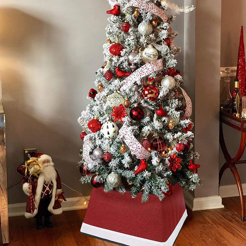 Blissun Fabric Christmas Tree Collar, Square Christmas Tree Ring, Willow Christmas Tree Skirt for Christmas Tree Decorations (Red & White)