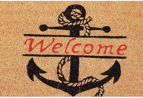 Nautical Anchor Welcome Mat for Front Door, Natural Coir Doormat (30 x 17 in)