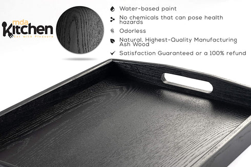 mdaKitchen Serving Tray with Handles and Non-Slip Mat, Wood Large Black Rustic Butler Rectangle Tray for Breakfast in Bed, Ottoman Food Coffee Tea Table Tray for Eating 17" x 13" x 2" (Red)