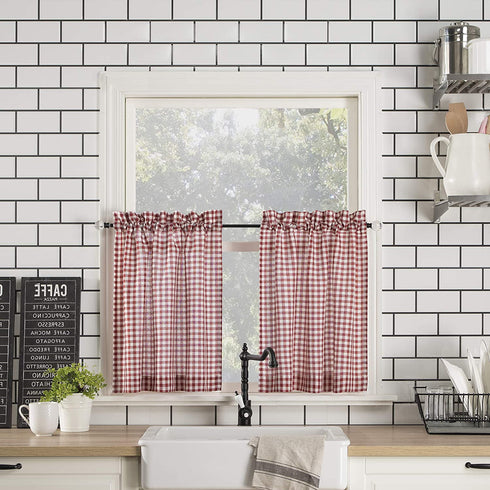 No. 918 Parkham Farmhouse Plaid Semi-Sheer Rod Pocket Kitchen Curtain Valance and Tiers Set, 54 in x 24 in (3 Piece, Red/White
